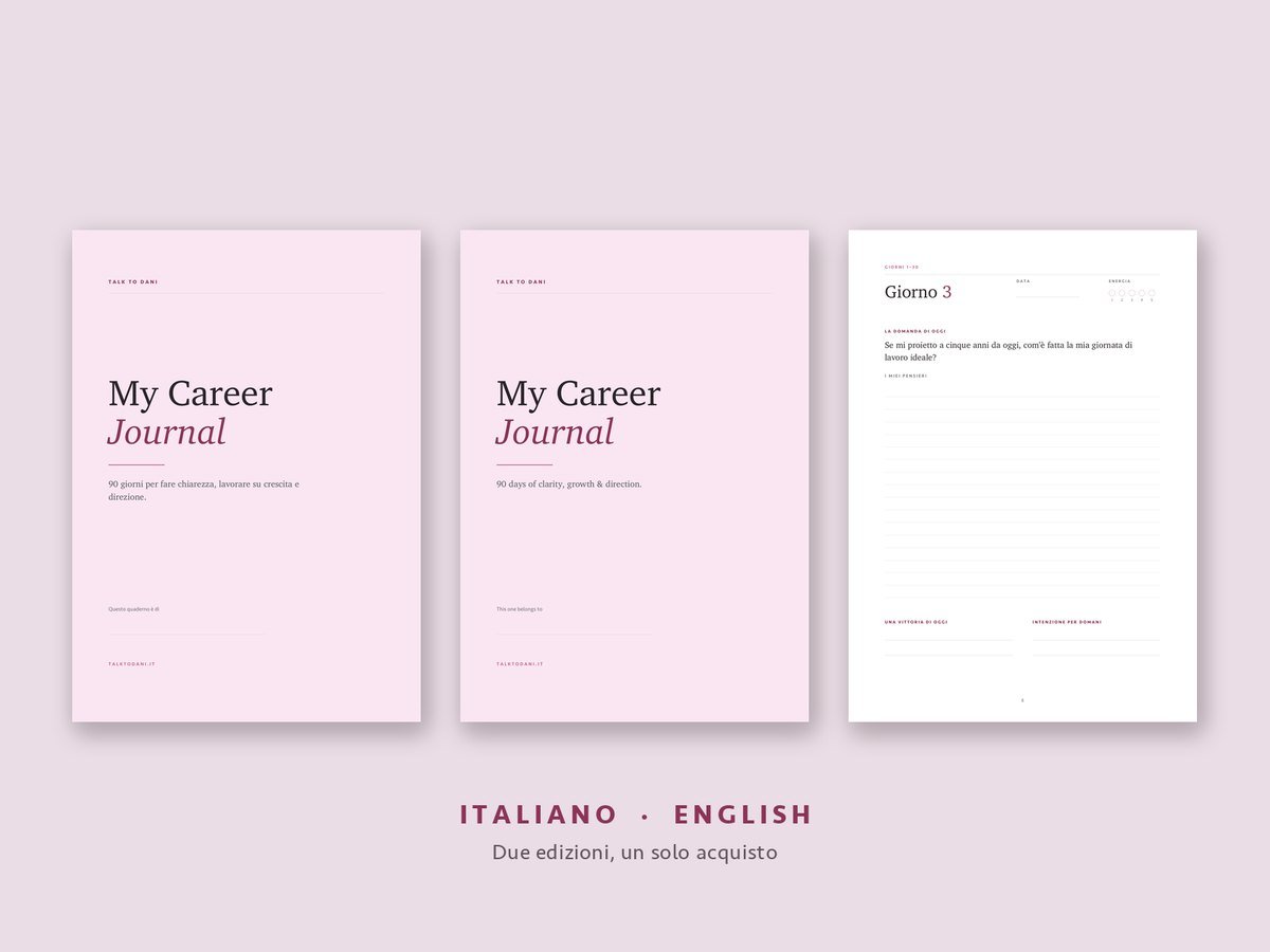Le due copertine del My Career Journal, in italiano e in inglese, accanto a una
             pagina interna con la domanda del giorno.