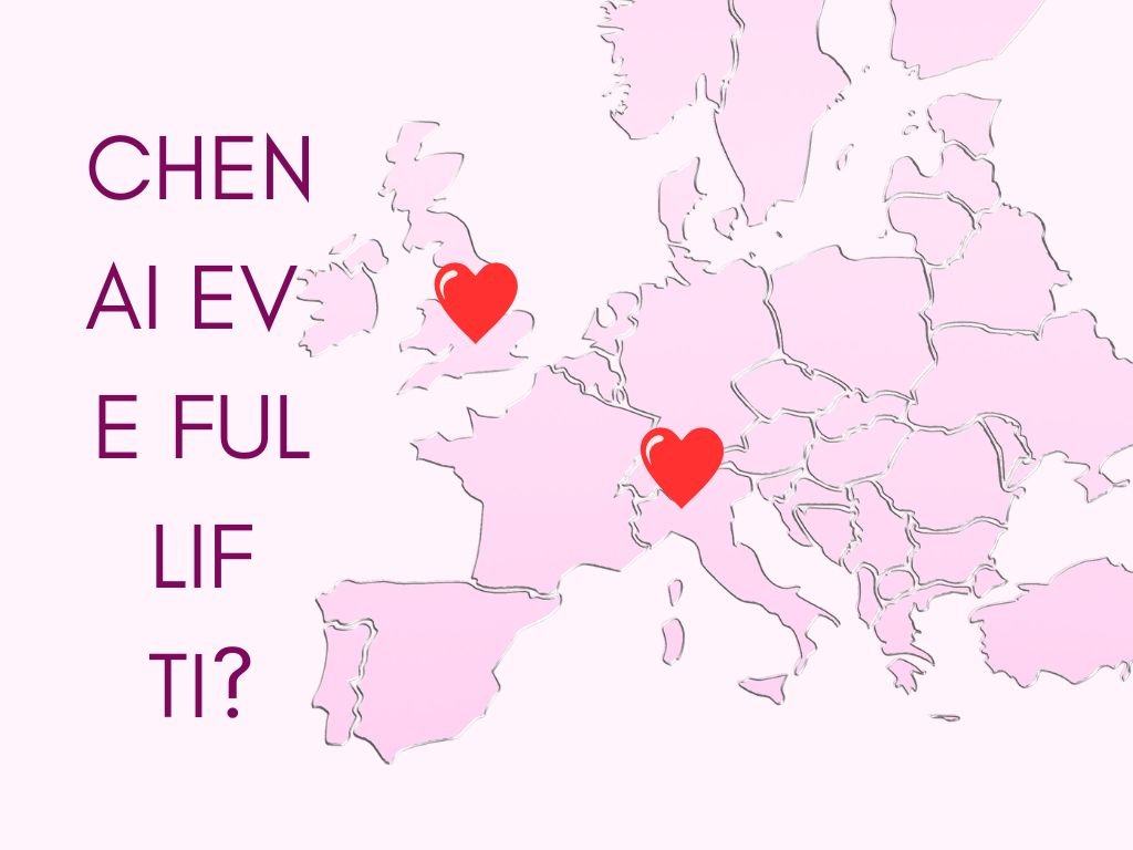 Cartina dell'Europa con un cuore su Londra e uno sul Lago di Como con una scritta che suona come il mio primo ordine da Starbucks quando non sapevo l'inglese.